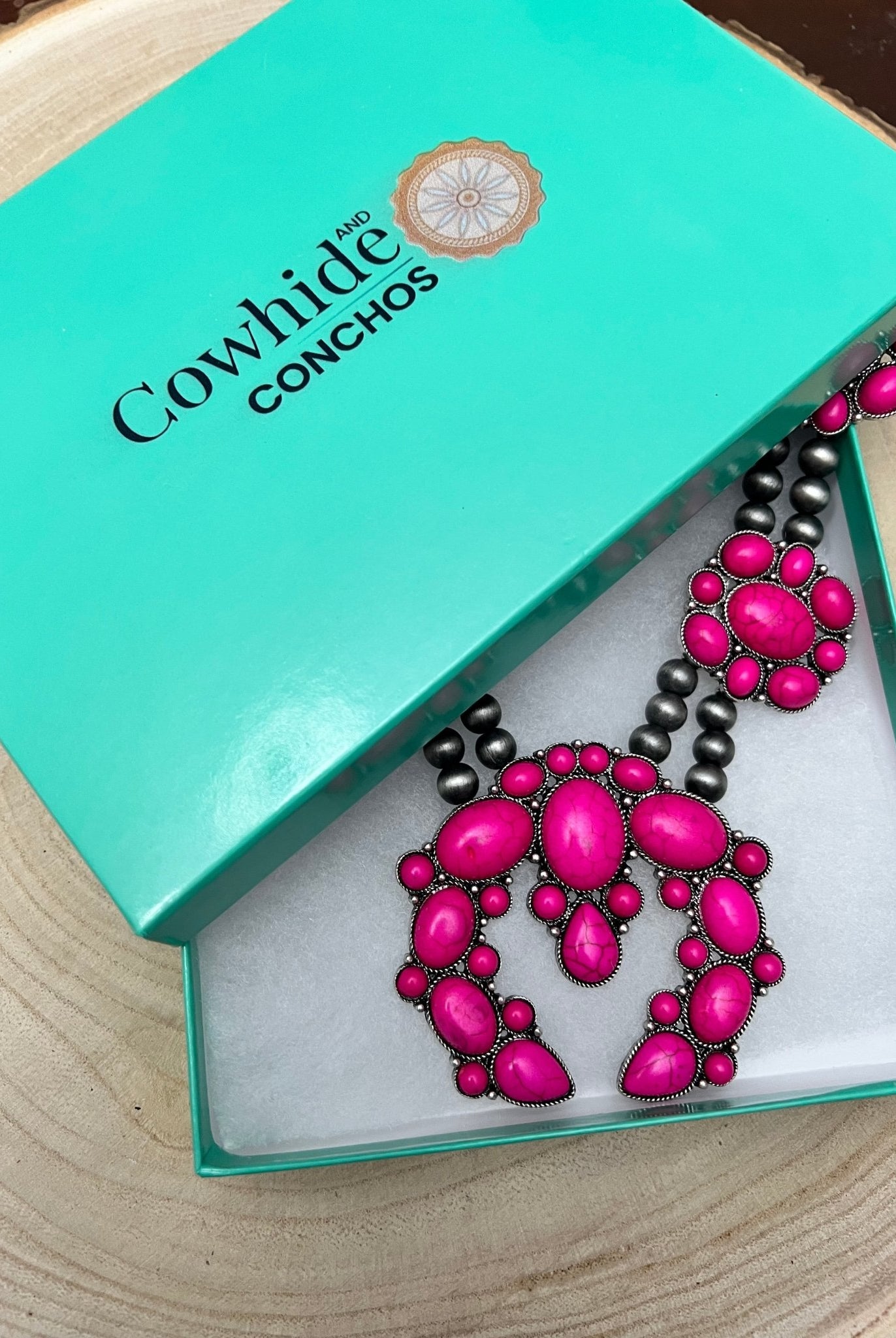Faux Pink Squash Blossom Necklace on Double Strand Pearls - 18 inch necklace - Cowhide and Conchos