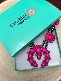 Faux Pink Squash Blossom Necklace on Double Strand Pearls - 18 inch necklace - Cowhide and Conchos