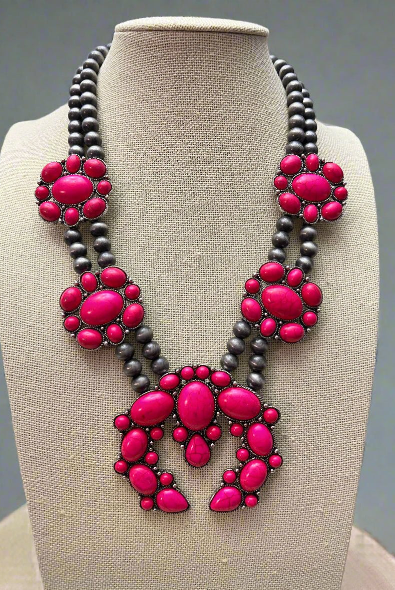 Faux Pink Squash Blossom Necklace on Double Strand Pearls - 18 inch necklace - Cowhide and Conchos