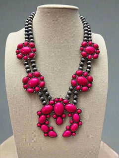 Faux Pink Squash Blossom Necklace on Double Strand Pearls - 18 inch necklace - Cowhide and Conchos