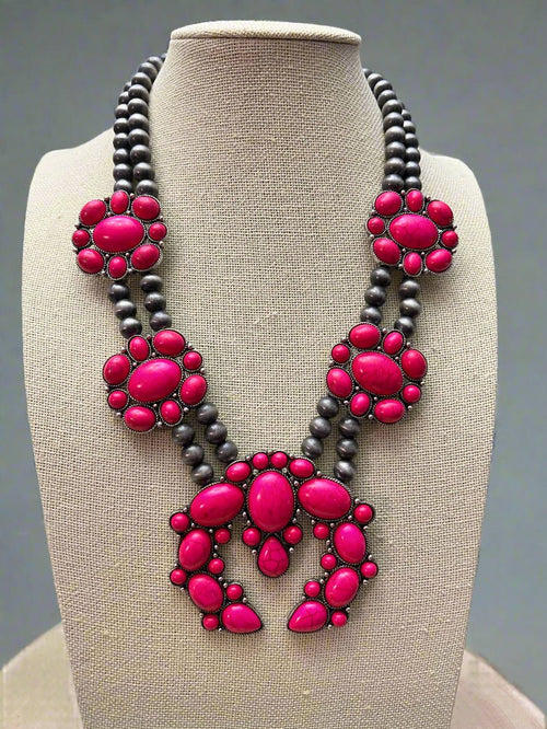 Faux Pink Squash Blossom Necklace on Double Strand Pearls - 18 inch necklace - Cowhide and Conchos