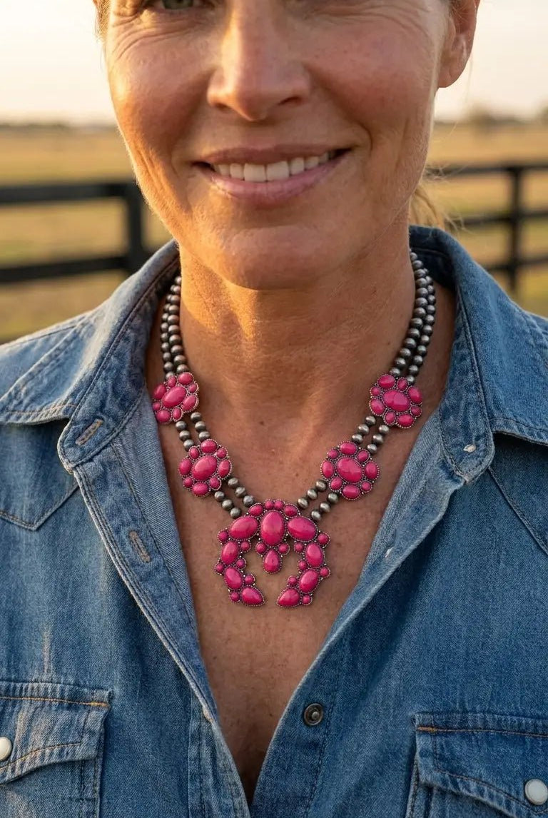 Faux Pink Squash Blossom Necklace on Double Strand Pearls - 18 inch necklace - Cowhide and Conchos