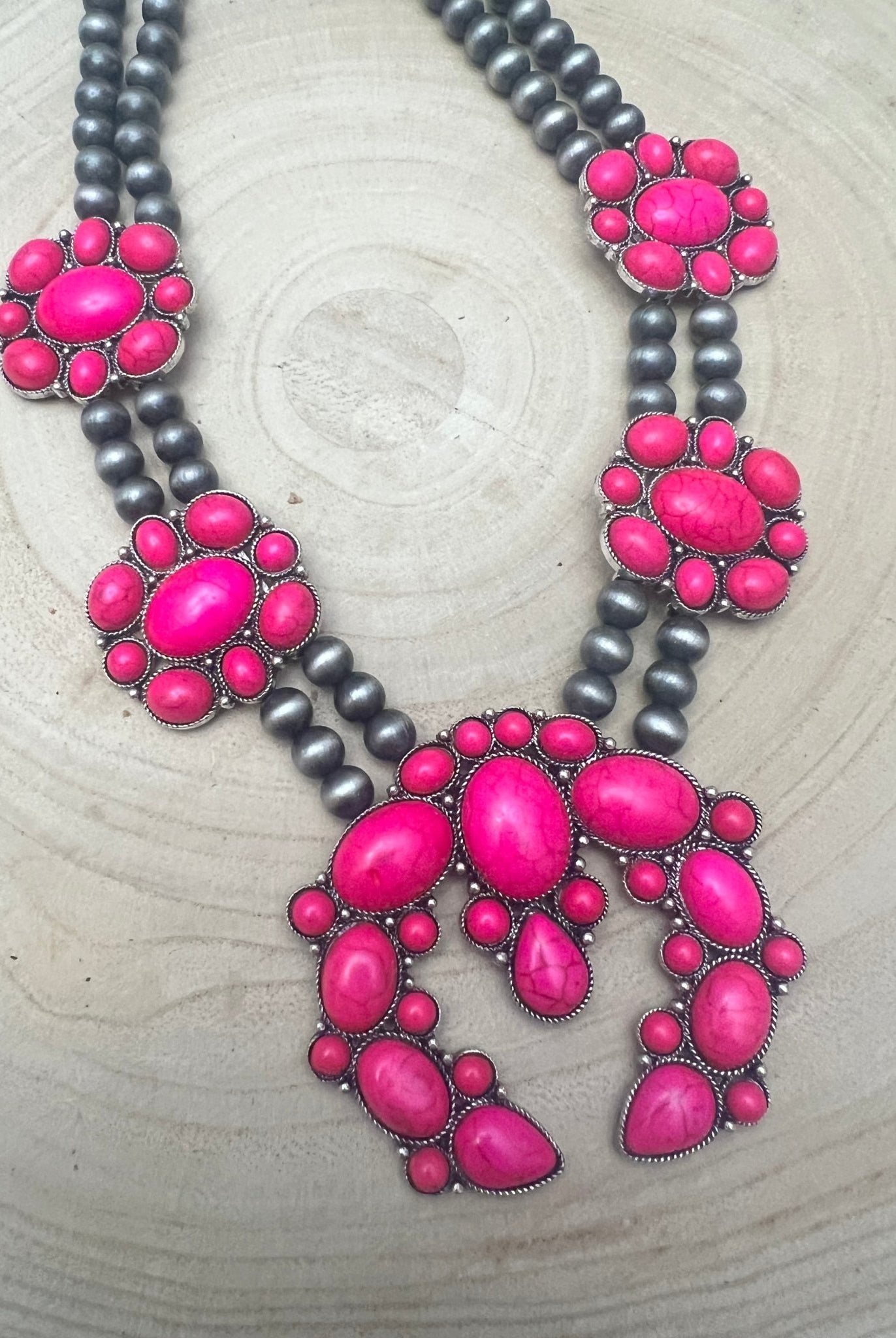 Faux Pink Squash Blossom Necklace on Double Strand Pearls - 18 inch necklace - Cowhide and Conchos