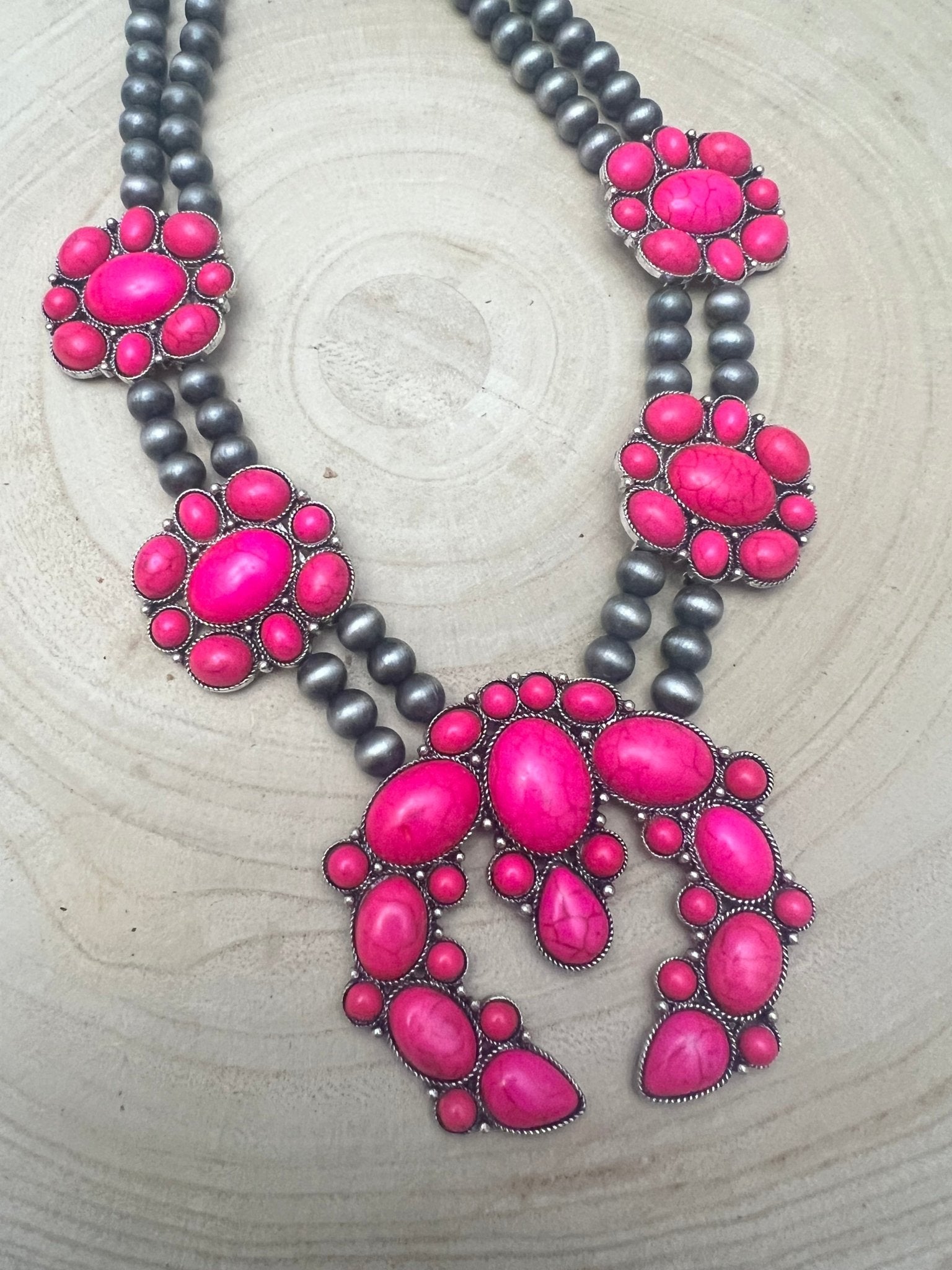Faux Pink Squash Blossom Necklace on Double Strand Pearls - 18 inch necklace - Cowhide and Conchos