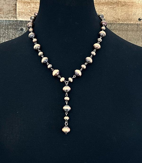 Faux Silver Pearl Lariat Necklace - Cowhide and Conchos