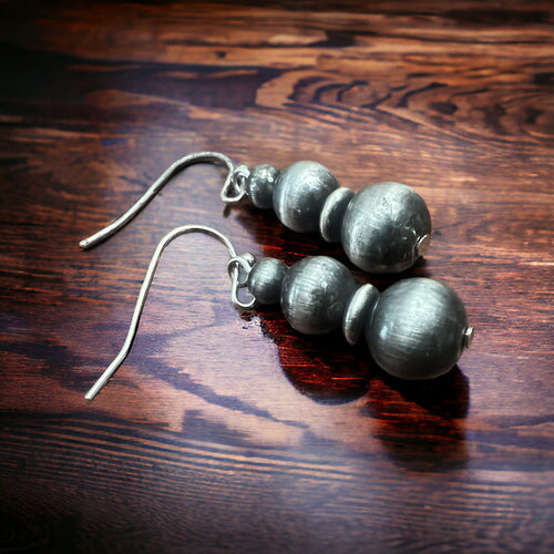 Faux Silvertone Pearl Style Drop Earring - Cowhide and Conchos