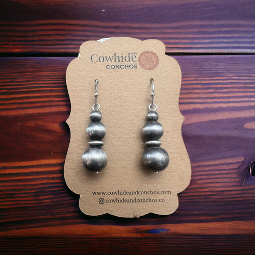 Faux Silvertone Pearl Style Drop Earring - Cowhide and Conchos