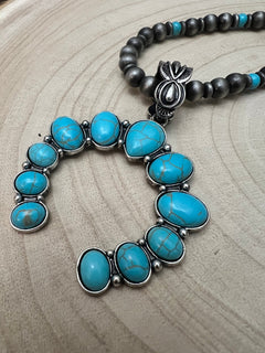 Faux Squash Blossom and Faux Pearl Necklace - 27 inch - Cowhide and Conchos