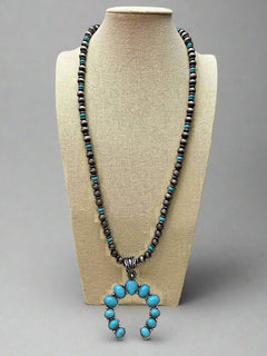 Faux Squash Blossom and Faux Pearl Necklace - 27 inch - Cowhide and Conchos