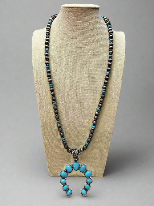 Faux Squash Blossom and Faux Pearl Necklace - 27 inch - Cowhide and Conchos