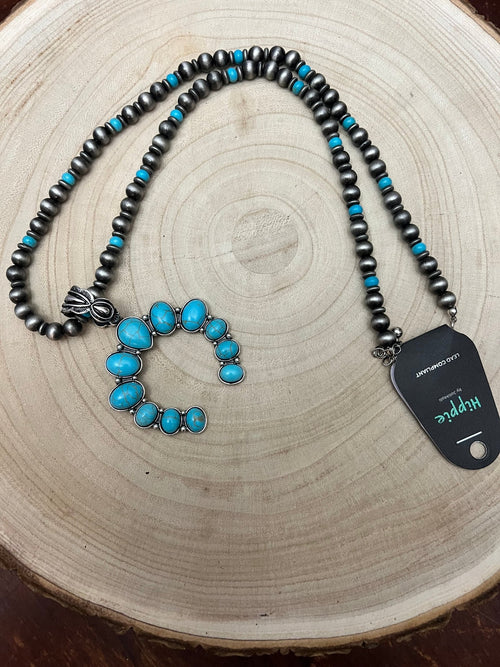 Faux Squash Blossom and Faux Pearl Necklace - 27 inch - Cowhide and Conchos