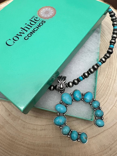 Faux Squash Blossom and Faux Pearl Necklace - 27 inch - Cowhide and Conchos