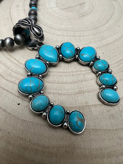 Faux Squash Blossom and Faux Pearl Necklace - 27 inch - Cowhide and Conchos