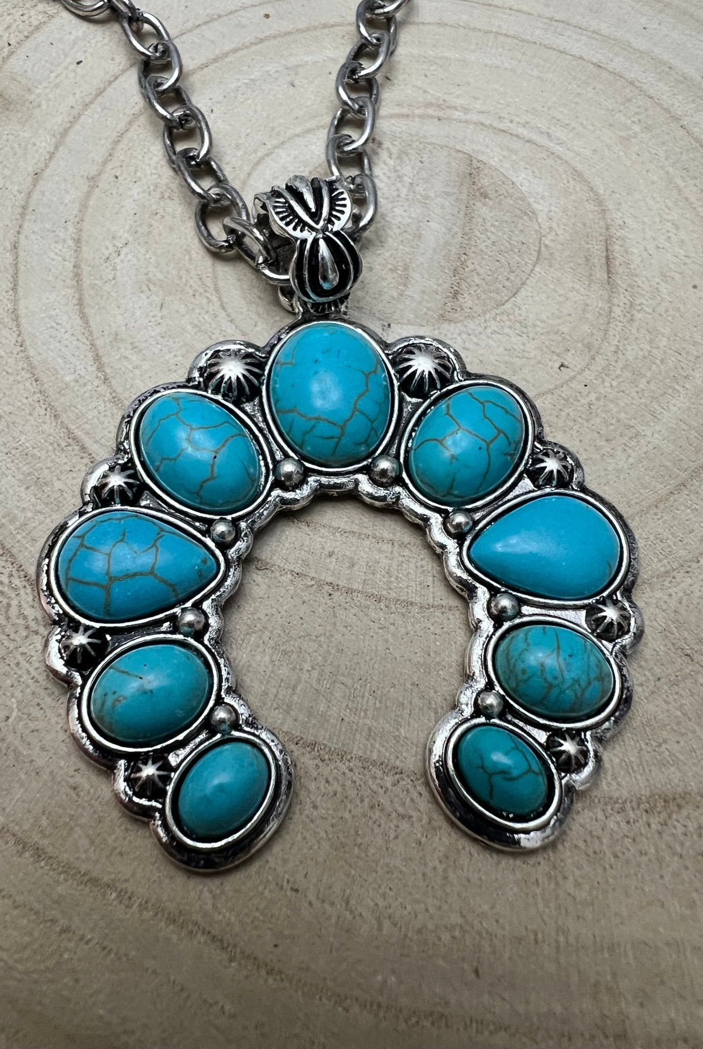 Faux Squash Blossom Pendant Necklace & Earring Set - 20 inch necklace - Cowhide and Conchos