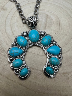 Faux Squash Blossom Pendant Necklace & Earring Set - 20 inch necklace - Cowhide and Conchos
