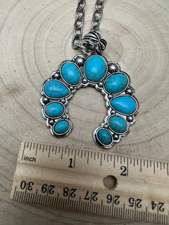 Faux Squash Blossom Pendant Necklace & Earring Set - 20 inch necklace - Cowhide and Conchos