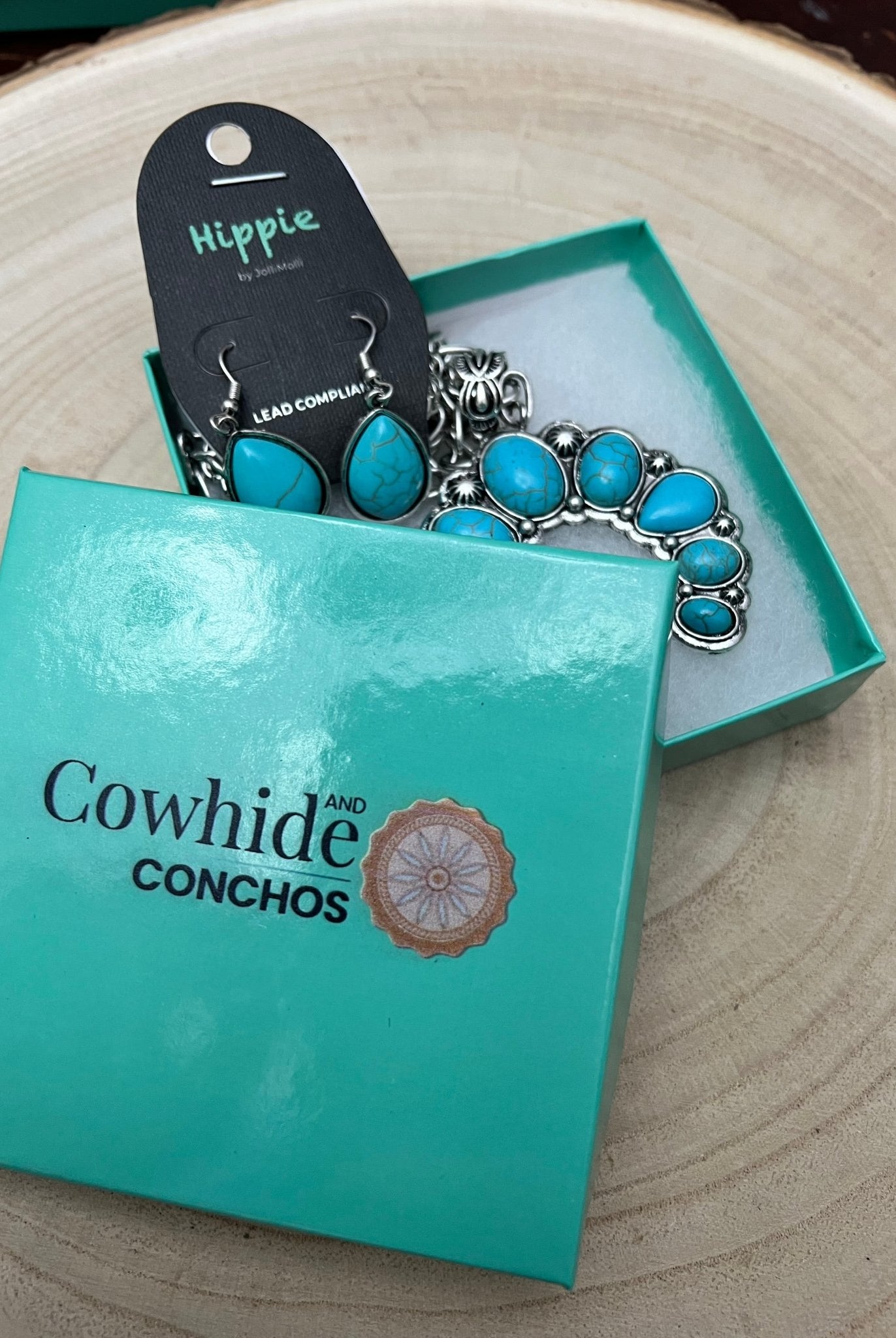 Faux Squash Blossom Pendant Necklace & Earring Set - 20 inch necklace - Cowhide and Conchos