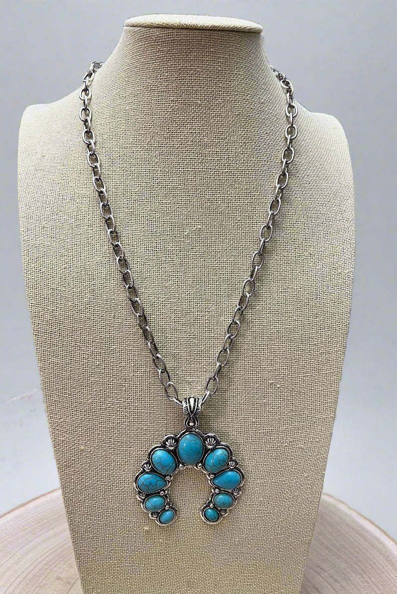 Faux Squash Blossom Pendant Necklace & Earring Set - 20 inch necklace - Cowhide and Conchos