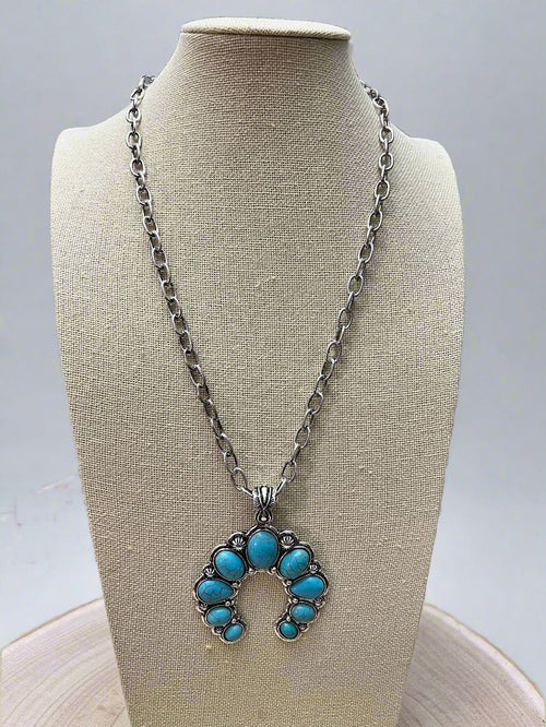 Faux Squash Blossom Pendant Necklace & Earring Set - 20 inch necklace - Cowhide and Conchos