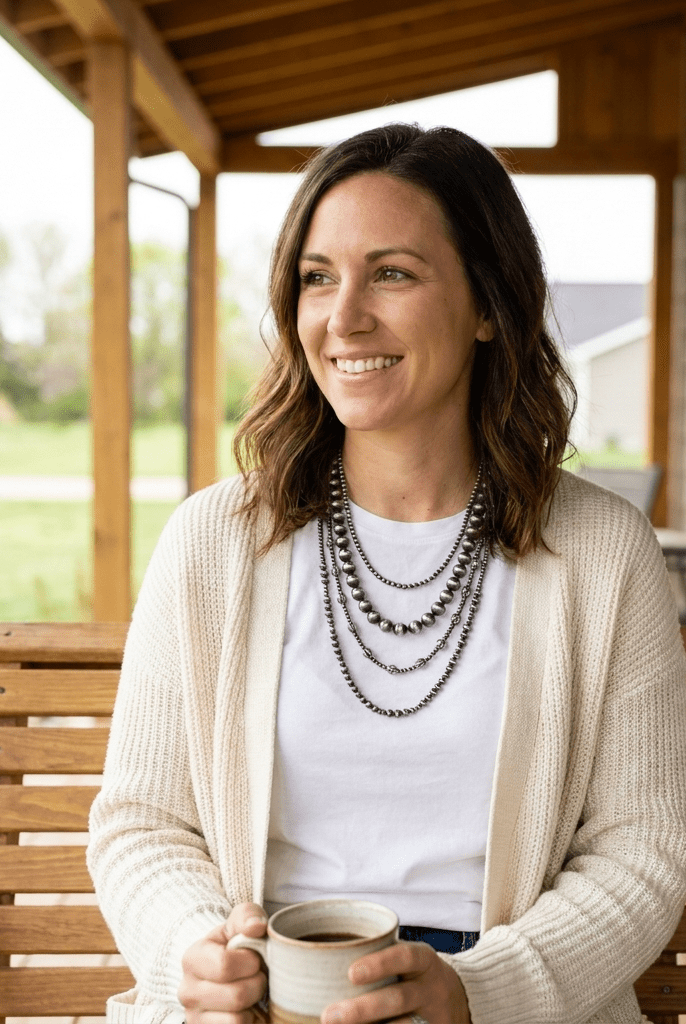Faux Sterling Pearl Layered Necklace Set — 4-Piece Burnished Silver Western Layering Set (16" / 18" / 20" / 22") - Cowhide and Conchos