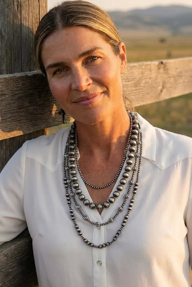 Faux Sterling Pearl Layered Necklace Set — 4-Piece Burnished Silver Western Layering Set (16" / 18" / 20" / 22") - Cowhide and Conchos