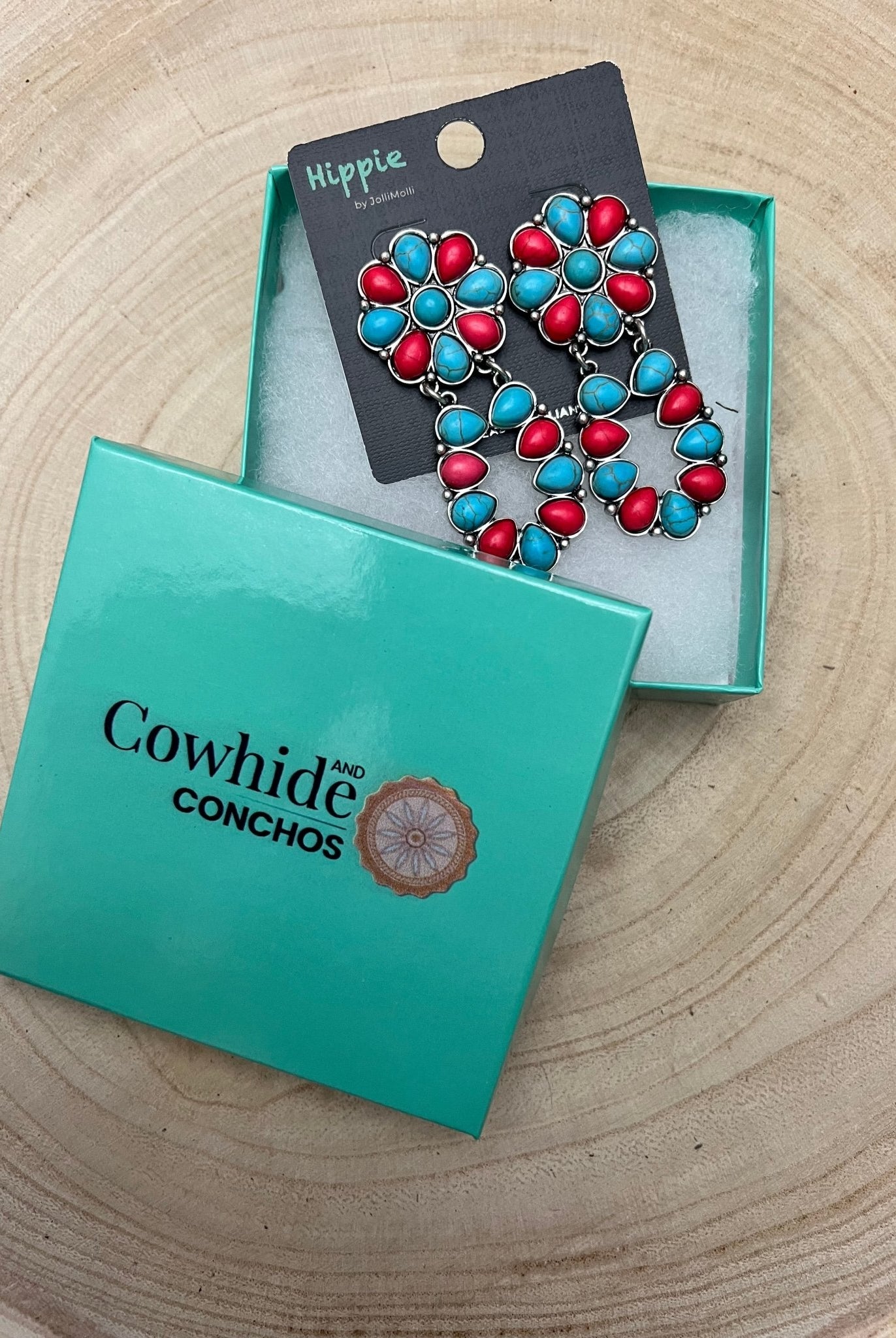 Faux Turquoise and Coral Cluster Post Earrings - Cowhide and Conchos