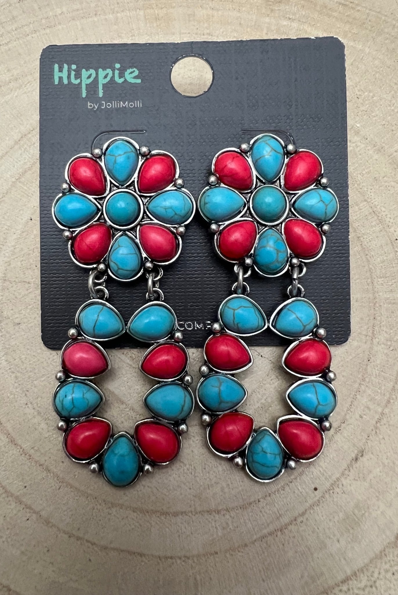 Faux Turquoise and Coral Cluster Post Earrings - Cowhide and Conchos