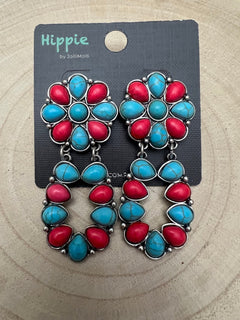 Faux Turquoise and Coral Cluster Post Earrings - Cowhide and Conchos