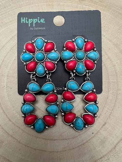 Faux Turquoise and Coral Cluster Post Earrings - Cowhide and Conchos
