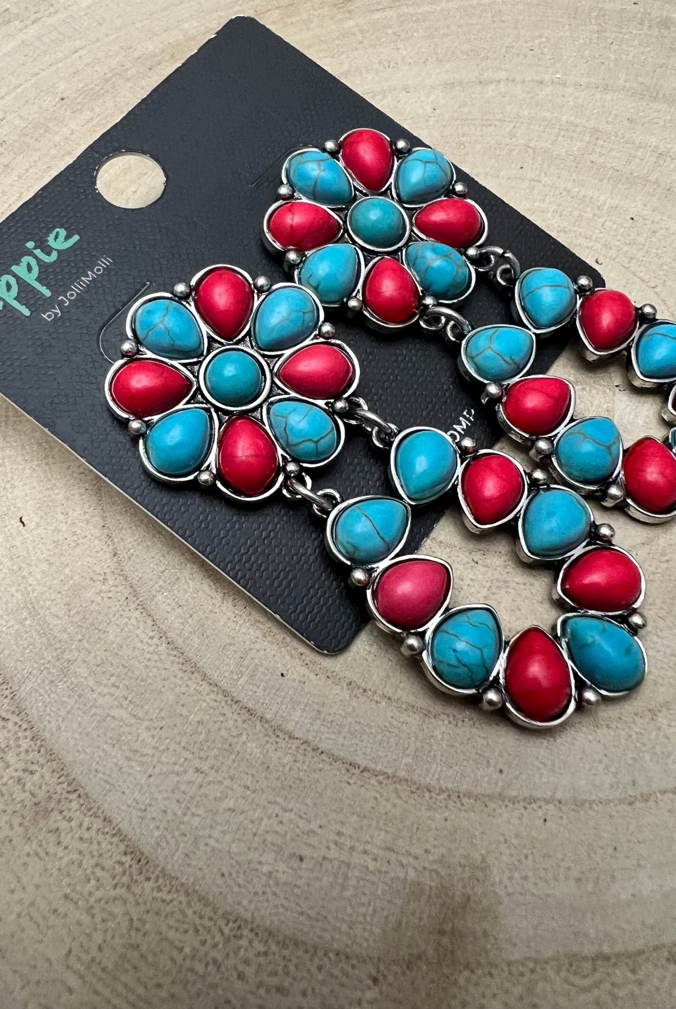 Faux Turquoise and Coral Cluster Post Earrings - Cowhide and Conchos