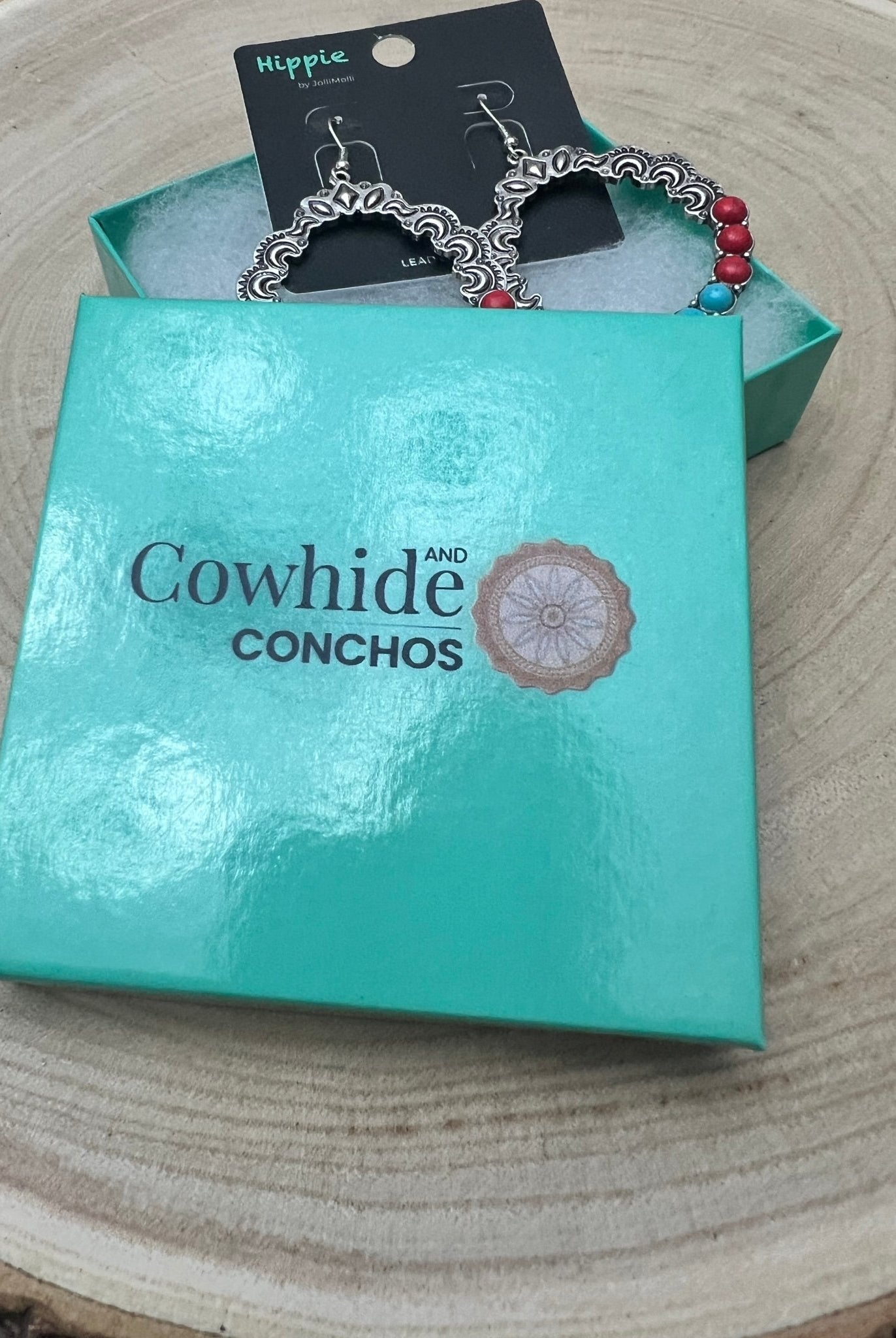 Faux Turquoise and Coral Hoop Earring - 1 3/4 inch drop - Cowhide and Conchos