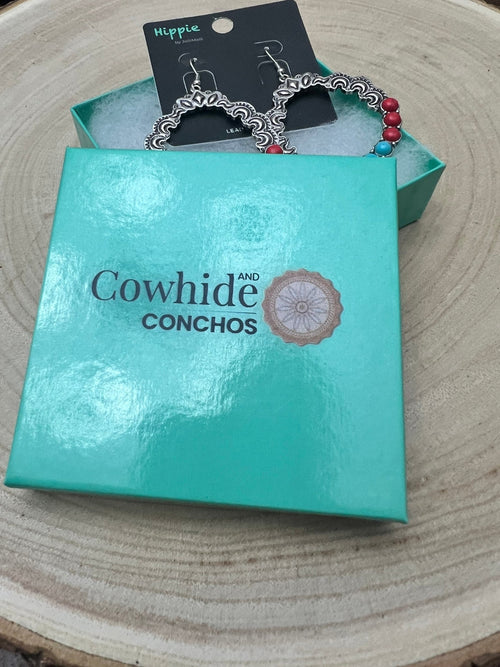 Faux Turquoise and Coral Hoop Earring - 1 3/4 inch drop - Cowhide and Conchos
