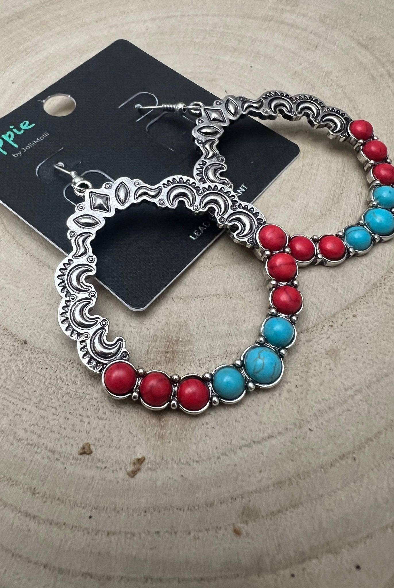 Faux Turquoise and Coral Hoop Earring - 1 3/4 inch drop - Cowhide and Conchos