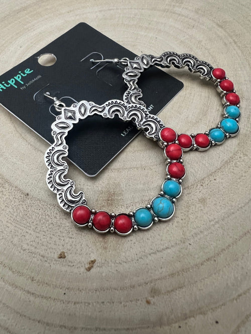 Faux Turquoise and Coral Hoop Earring - 1 3/4 inch drop - Cowhide and Conchos