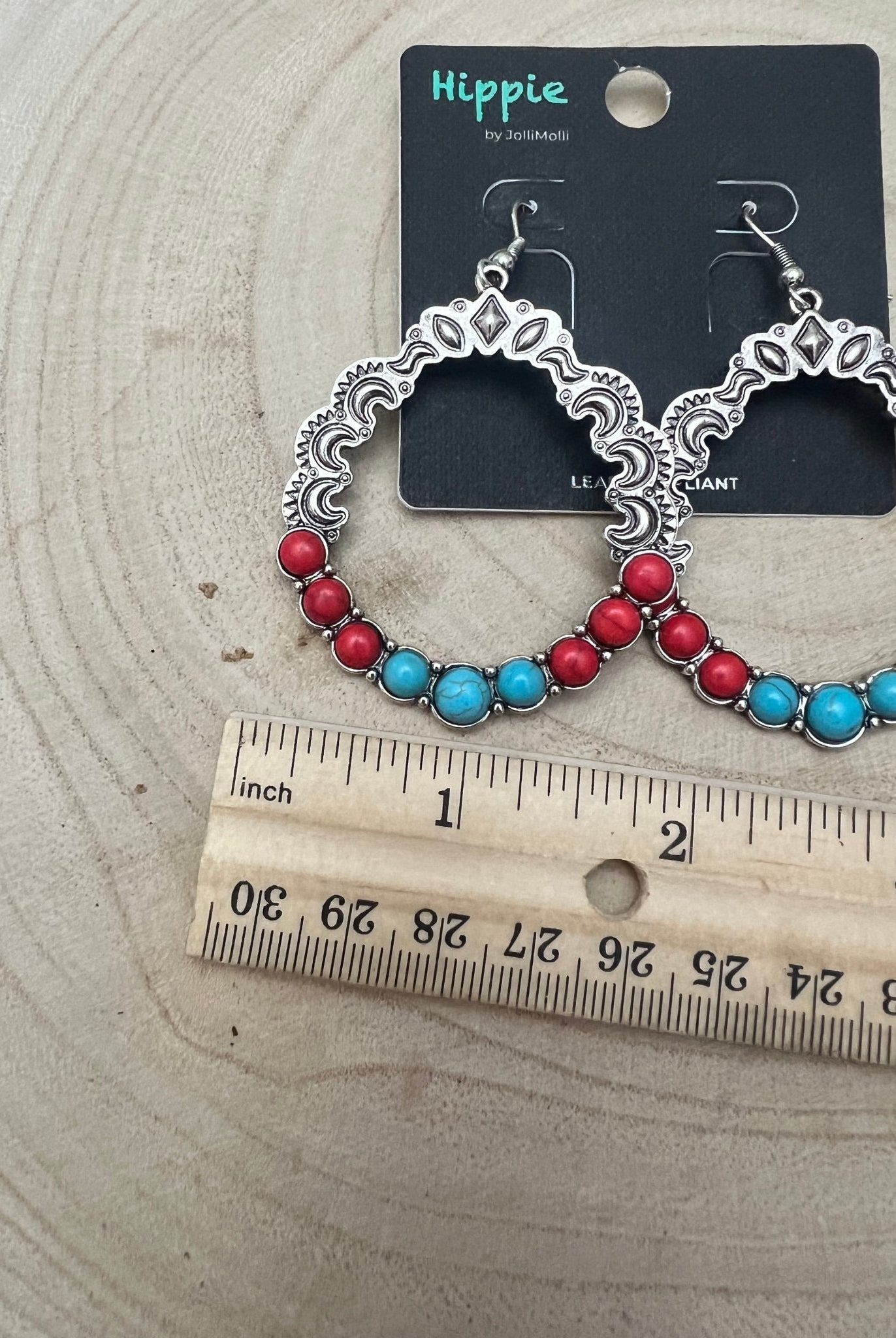 Faux Turquoise and Coral Hoop Earring - 1 3/4 inch drop - Cowhide and Conchos