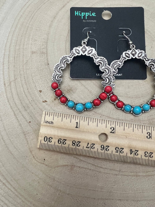 Faux Turquoise and Coral Hoop Earring - 1 3/4 inch drop - Cowhide and Conchos