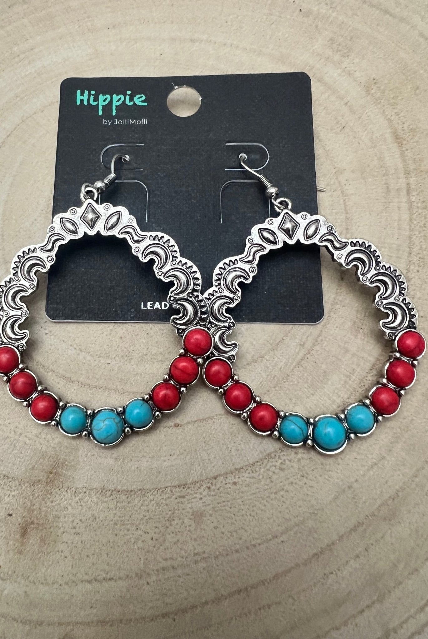 Faux Turquoise and Coral Hoop Earring - 1 3/4 inch drop - Cowhide and Conchos