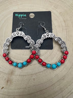 Faux Turquoise and Coral Hoop Earring - 1 3/4 inch drop - Cowhide and Conchos