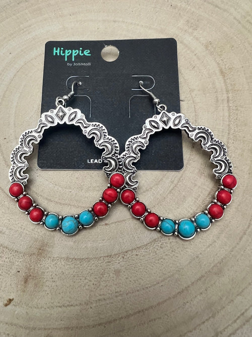 Faux Turquoise and Coral Hoop Earring - 1 3/4 inch drop - Cowhide and Conchos