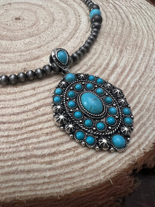 Faux Turquoise and Faux Sterling Pearl Concho Necklace - 20 inch + 3 - Cowhide and Conchos