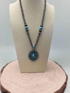 Faux Turquoise and Faux Sterling Pearl Concho Necklace - 20 inch + 3 - Cowhide and Conchos