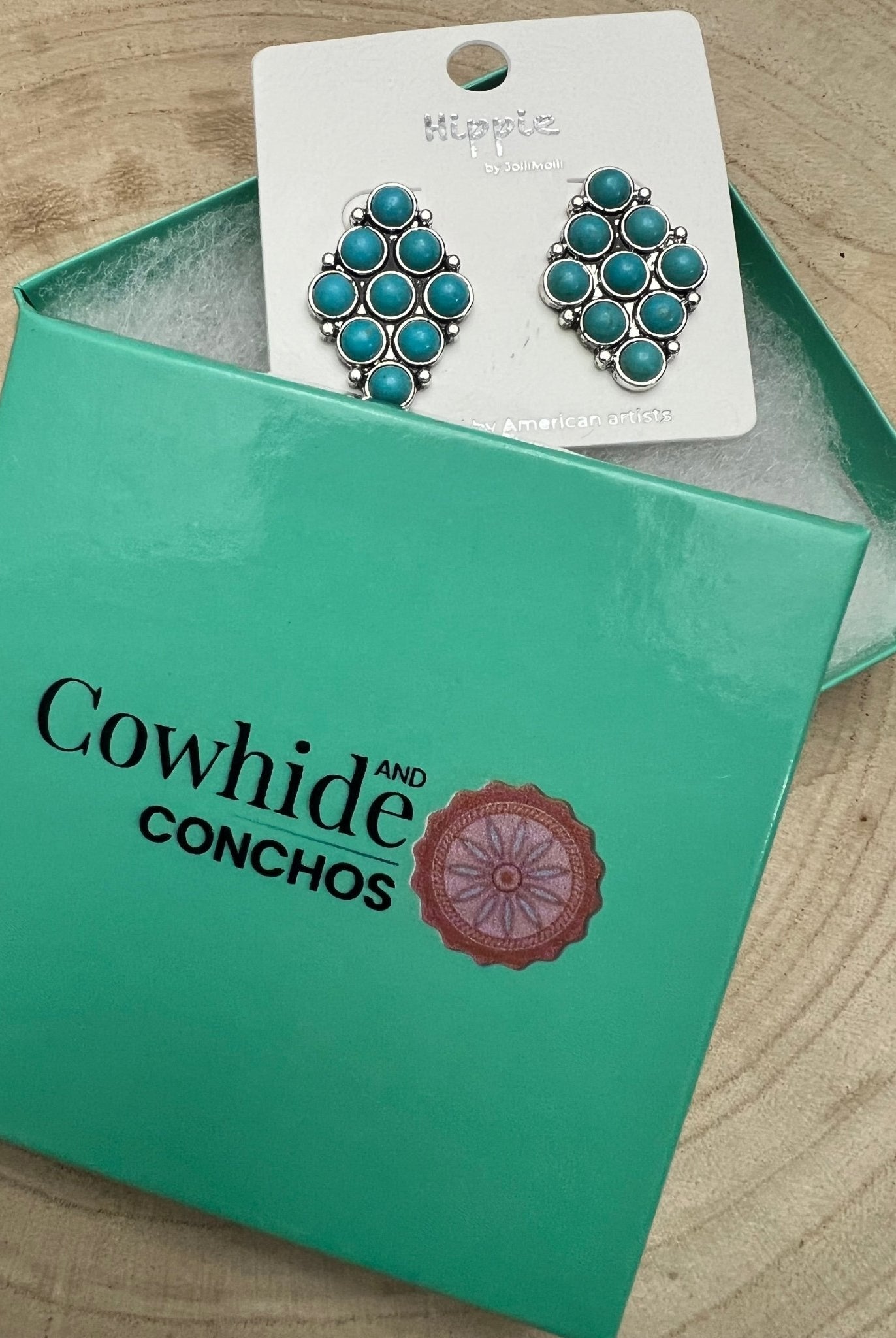Faux Turquoise Cluster Post Earrings - 1 inch drop - Cowhide and Conchos