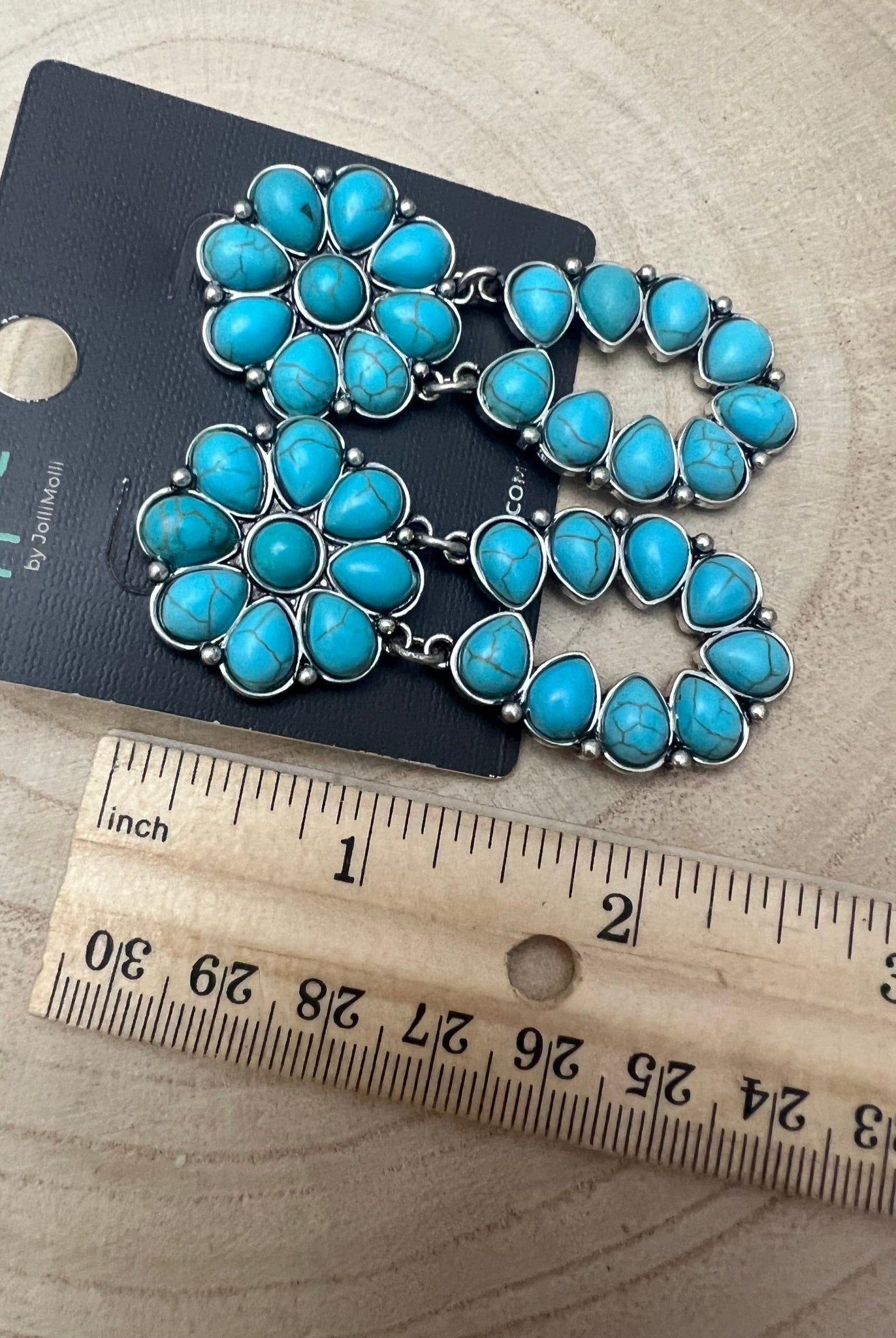Faux Turquoise Cluster Post Earrings - 2 1/4 inch Statement Size - Cowhide and Conchos