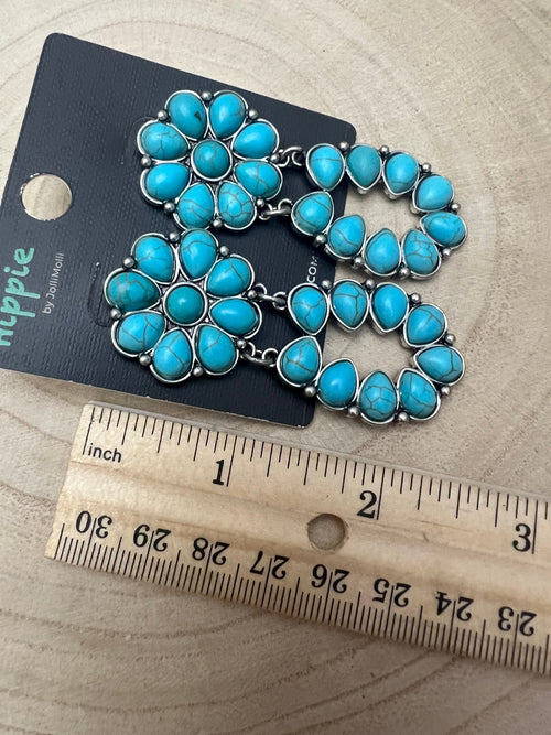 Faux Turquoise Cluster Post Earrings - 2 1/4 inch Statement Size - Cowhide and Conchos