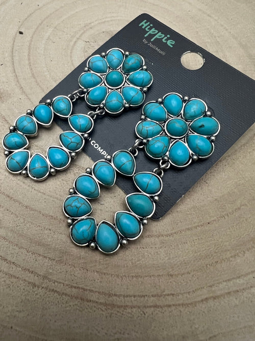 Faux Turquoise Cluster Post Earrings - 2 1/4 inch Statement Size - Cowhide and Conchos