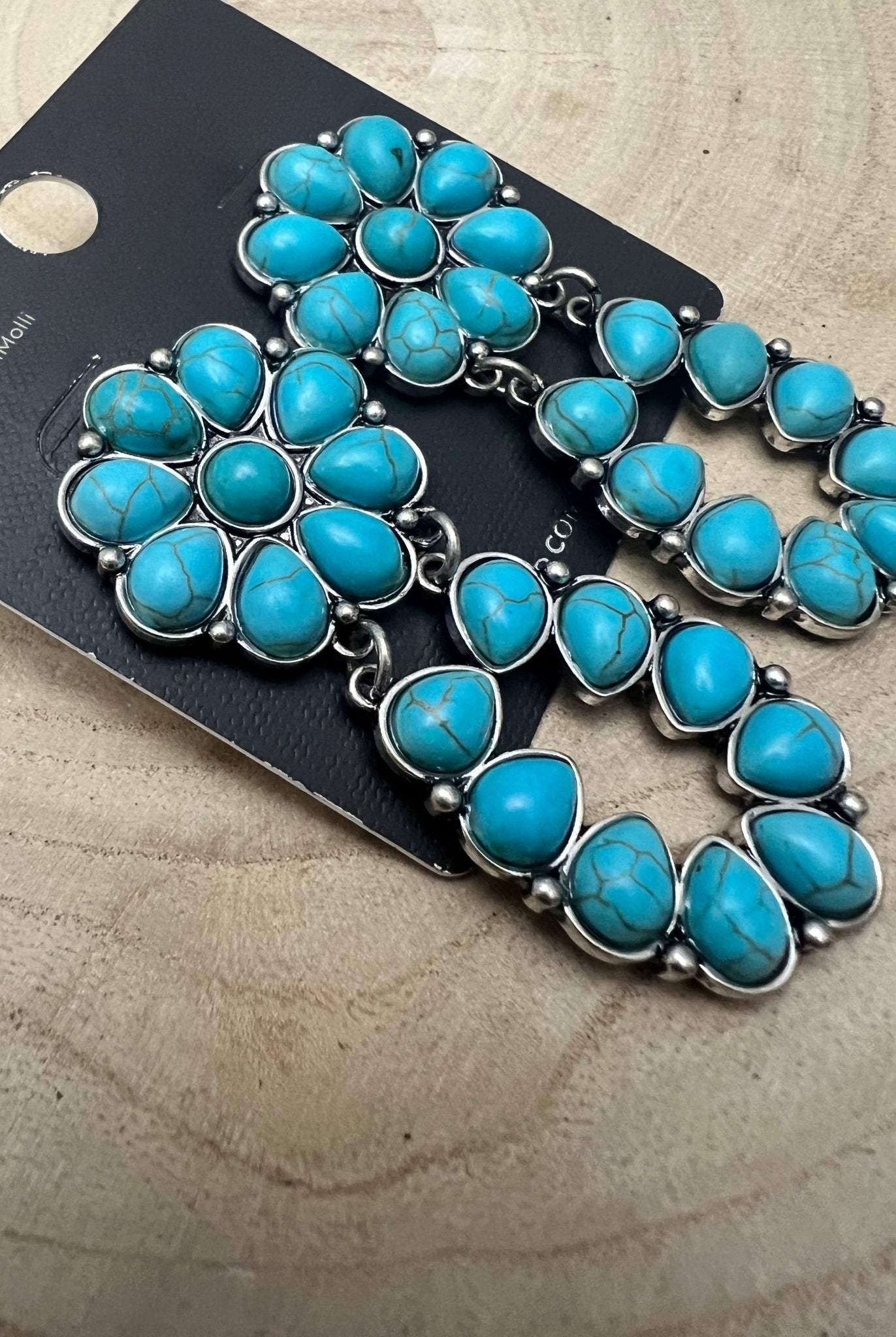 Faux Turquoise Cluster Post Earrings - 2 1/4 inch Statement Size - Cowhide and Conchos