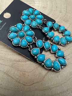 Faux Turquoise Cluster Post Earrings - 2 1/4 inch Statement Size - Cowhide and Conchos
