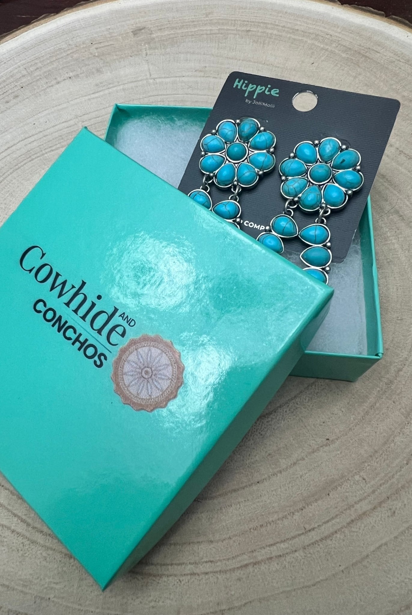 Faux Turquoise Cluster Post Earrings - 2 1/4 inch Statement Size - Cowhide and Conchos
