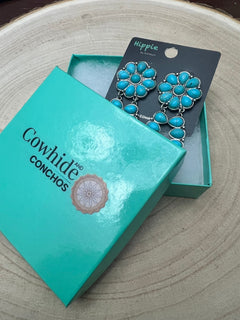 Faux Turquoise Cluster Post Earrings - 2 1/4 inch Statement Size - Cowhide and Conchos