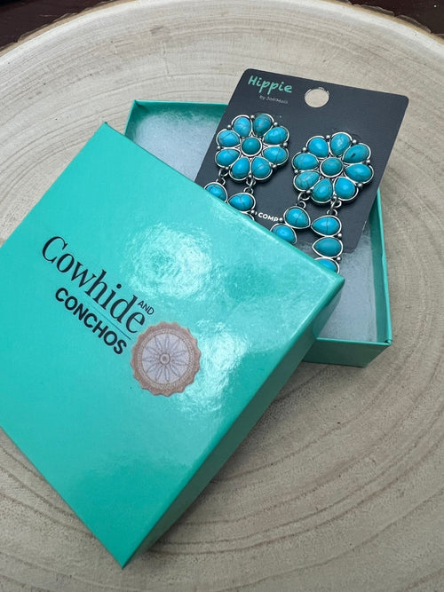 Faux Turquoise Cluster Post Earrings - 2 1/4 inch Statement Size - Cowhide and Conchos